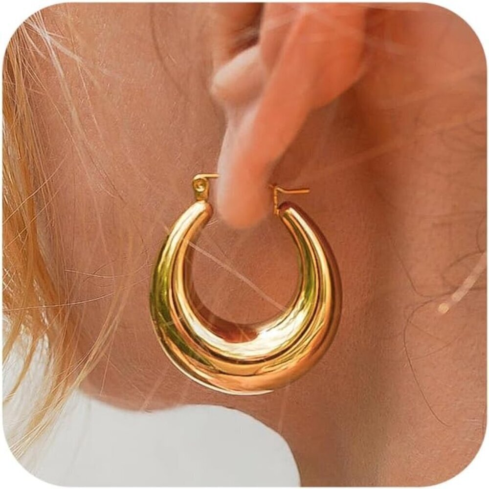 Thick Gold Hoop Earrings for Women, 14k Plated Triple